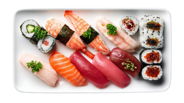 Assortment of fresh sushi and sashimi on a white plate isolated on transparent background