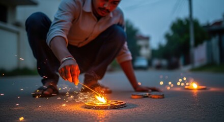 Diwali Celebration: Young Man Lighting Fireworks on Street