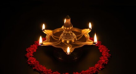 Lit Diwali Oil Lamp and Floral Garland on Black Background