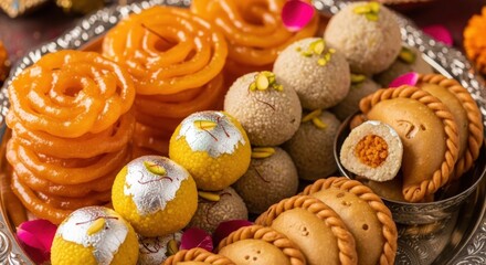 Festive Indian Sweets Platter: Jalebi, Laddu, Gujiya - Celebratory Dessert