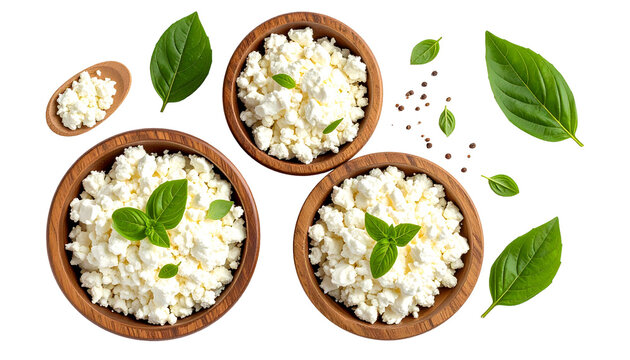 Fresh cottage cheese in wooden bowls, garnished with fresh basil