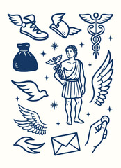 hermes, messenger god with winged sandals and caduceus, guide of travelers in greek mythology illustration.