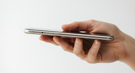 Hand holding silver smartphone side view