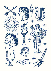 Fototapeta premium apollo, god of music, sun, and prophecy with lyre, laurel, and radiant youth in greek mythology illustration.