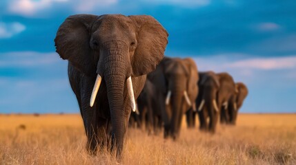 Herd of Elephants Walking Through Savanna Under Beautiful Sky at Dusk