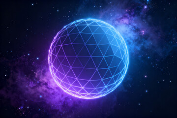 A glowing geometric sphere with a wireframe design floats in a starry cosmic background featuring purple and blue nebulae.
