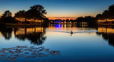 Tranquil Lake at Dusk: Swan, Reflections, and Ambient Lighting
