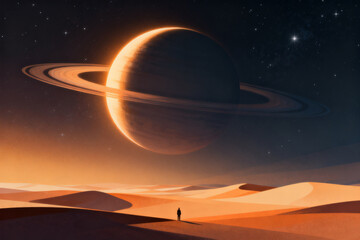 A solitary figure stands on a desert dune under a massive ringed planet in a starry night sky.