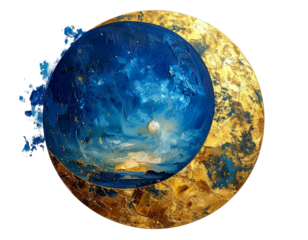 A circular crescent moon painting, showcasing a celestial scene