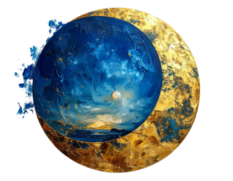 A circular crescent moon painting, showcasing a celestial scene