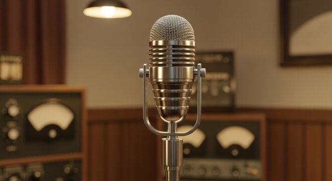 Vintage microphone in retro recording studio setting for music and broadcast themes - Powered by Adobe