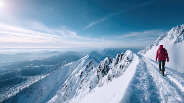 Person in Red Jacket Walking on Snowy Mountain Ridge Under Blue Sky During Daytime - Powered by Adobe