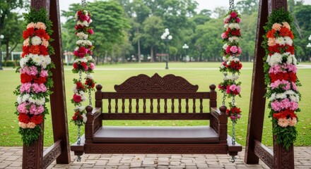 Decorated Garden Swing in Lush Green Park Setting