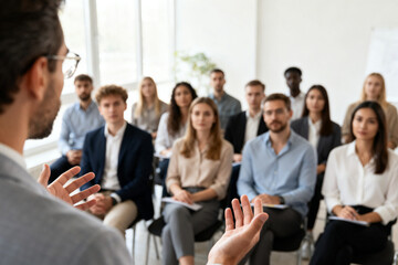 Naklejka premium A speaker addresses a group of professionals during a presentation in a modern conference room.