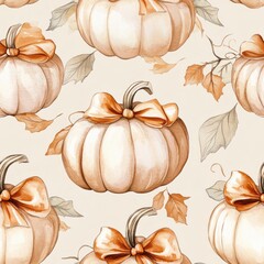 Seamless fall pumpkin pattern with orange bows and autumn leaves