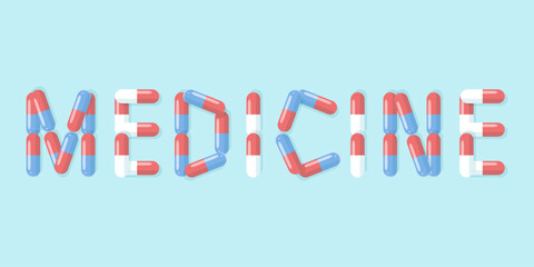 The horizontal design of the word Medicine consists of red and blue capsules with pills. Background for World Pharmacist Day, banner for pharmacies, online medicine, and doctor consultations.