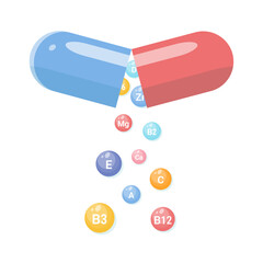 An open capsule with a complex of vitamins and minerals. Vitamin supplements for proper nutrition, during pregnancy, and for health care during the cold season. A bright design with colored tablets.