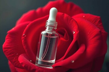 Professional product photography of a transparent skincare bottle with dropper, styled on a rose petal against white.