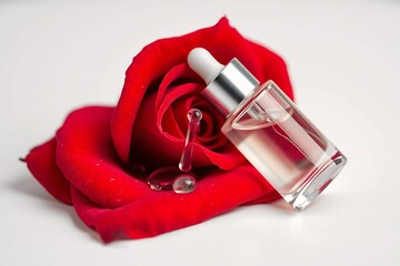 Minimalist composition of a serum dropper bottle placed on fresh rose petal with visible water droplets, commercial style