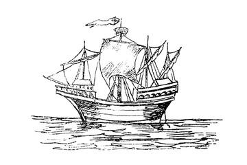 Ramberg, an English sailing cargo ship of the 17th century, old vintage illustration, 1879 © Timofeeff