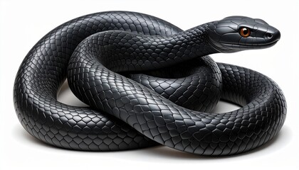 Naklejka premium A sleek, black snake with shimmering scales intricately coiled, captured in sharp focus against a pristine white background, embodying primal power and mysterious allure