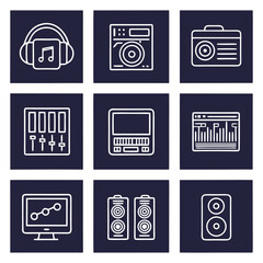 Modern music production icons representing audio equipment and technology in a grid layout 
