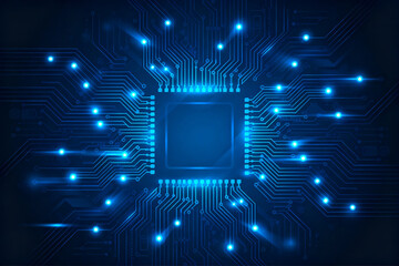 Digital circuit board with glowing blue pathways and central processor chip