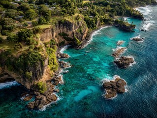 Aerial View of Coastal Cliffs with Lush Greenery and Turquoise Waters in a Scenic Landscape