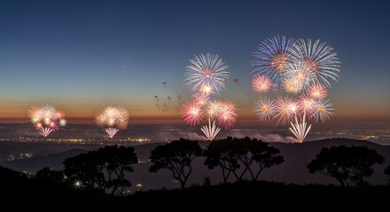 Fireworks shot from a hill, silhouettes of trees, panoramic view, stretch of horizon line.