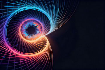 Abstract spiral pattern with vibrant neon colors and glowing lines forming a dynamic, swirling design against a dark background