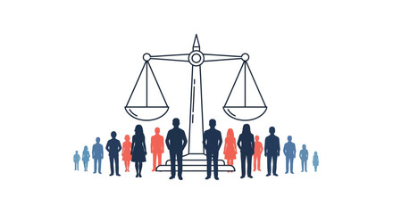 Minimal 2D flat vector of a balanced justice scale with human silhouettes around it, symbolizing fairness and equality, Human Rights Day theme, clean infographic style