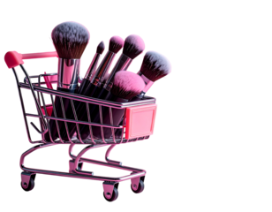 Miniature shopping cart overflowing with makeup brushes in vibrant pink and gray tones