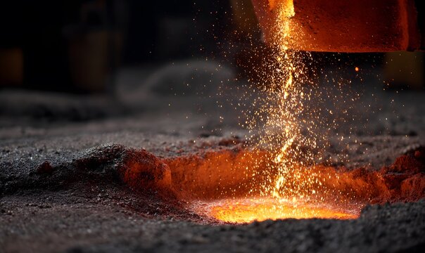 molten iron pouring from a blast furnace in a steel plant with an intense heat glow