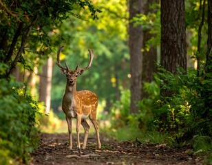 Deer in a sunlit forest path
