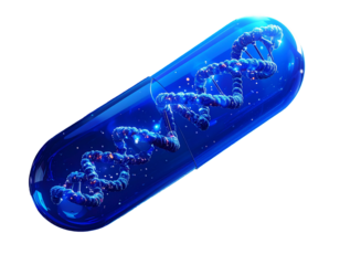 A vibrant blue capsule displaying a DNA helix