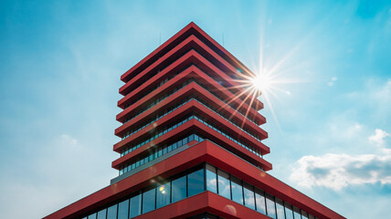 Modern Red Building with Sunburst Effect Against Blue Sky architecture skyscraper