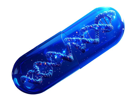 A vibrant blue capsule displaying a DNA helix