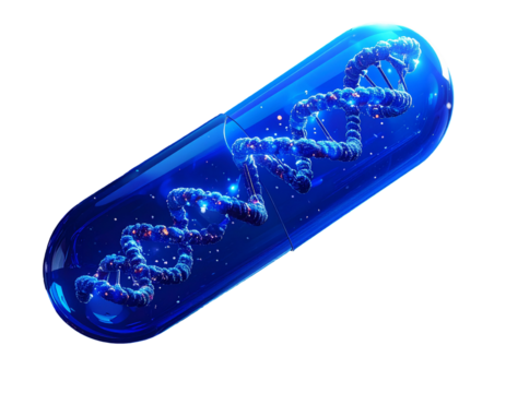 A vibrant blue capsule displaying a DNA helix