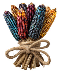 Bundle of colorful dried corn tied with simple string isolated on transparent background for autumn decoration