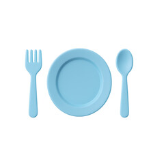 3D illustration of a blue plate with fork and spoon, symbolizing dining, tableware, food service, and minimal lifestyle concept.