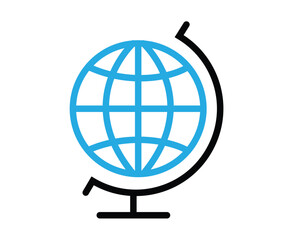 Stylized globe on black stand with blue latitude and longitude grid lines isolated on white background, symbolizing world geography, educational studies, and global connectivity.