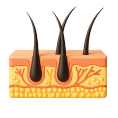 3D cross-section illustration of human skin with hair follicles, representing anatomy, hair growth, dermatology, and medical science.