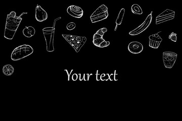 Horizontal food drawings banner on black background. Vector set of fast food products, restaurant menu design. Hand-drawn illustration of objects of pastries, fruits, cold drinks and sweets, pizza.