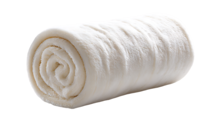Rolled up white towel isolated on transparent background in a studio setting