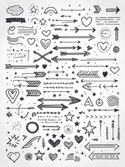 Hand drawn doodle elements including arrow, heart, star, swirl, highlight, and sketch underline. decorative design set for infographics, social media, note taking, and creative projects