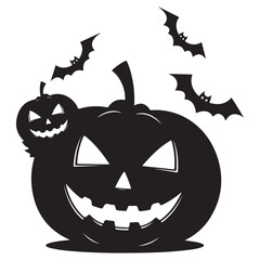 Spooky Halloween pumpkin with a smaller jack-o'-lantern companion and flying bats