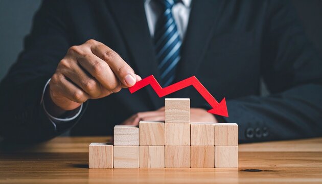 Business figure holds red downward arrow over wooden steps&mdash;symbolizing decline, setback, or financial downturn.