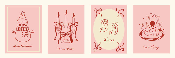Hand drawn la dolce vita Christmas doodles. Vector illustration cards icon with bows, snowman and candle. Minimalist winter line art for invitations, stationery, printables, social media, wall art.