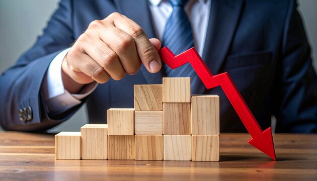 Business figure holds red downward arrow over wooden steps&mdash;symbolizing decline, setback, or financial downturn.
