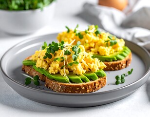 Avocado toast with scrambled eggs and microgreens